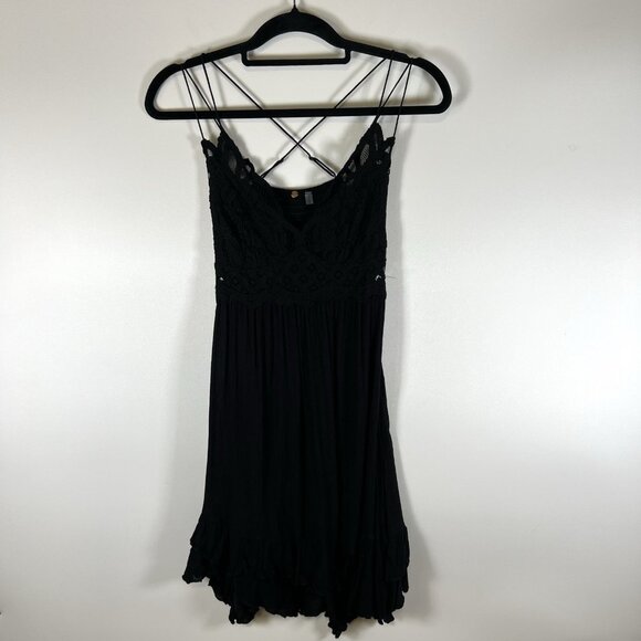 FREE PEOPLE FP One Adella Slip Lace Dress Black Medium Mini Boho Feminine - Picture 1 of 10
